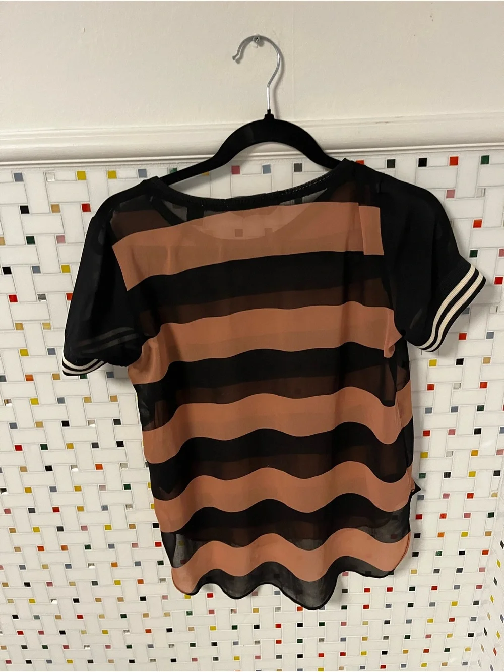 Striped Sheer Short-Sleeve Top in Black and Mauve